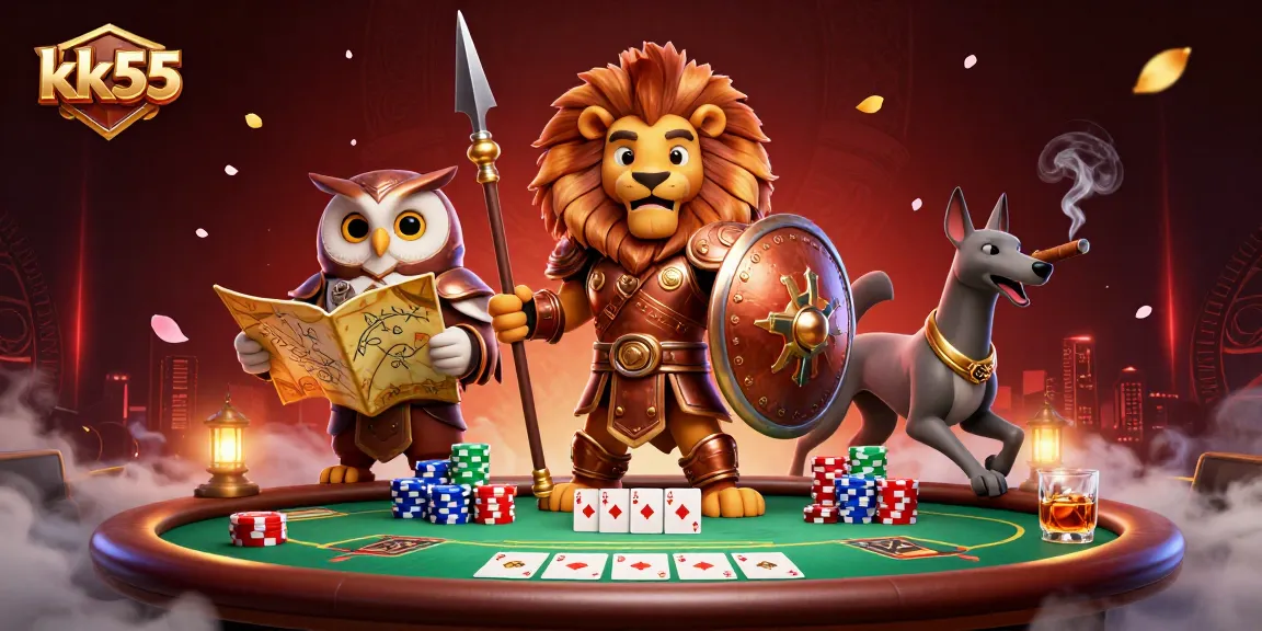Engage with kk55's thrilling gaming scene featuring a Spartan lion, owl strategist, and greyhound messenger at a vibrant poker table.