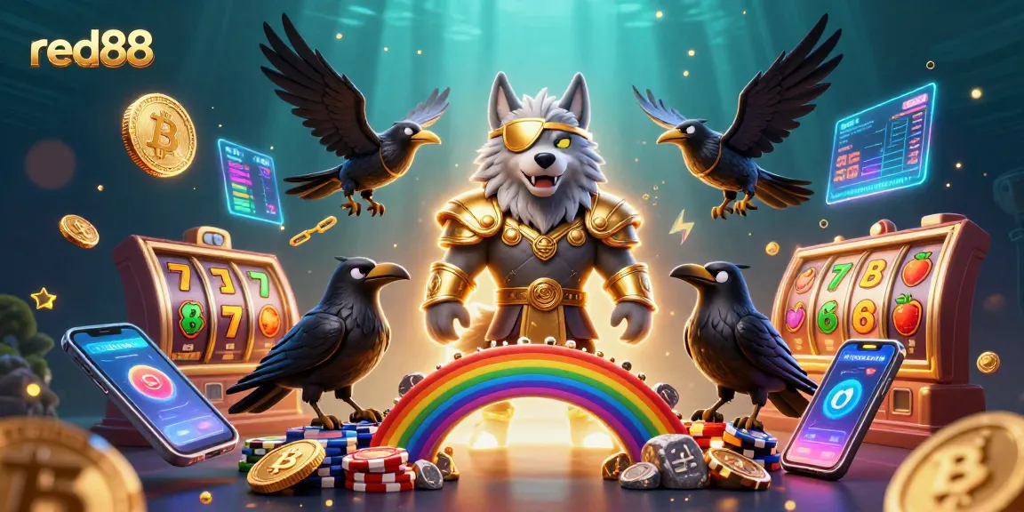 Experience red88 with Odin and ravens on a casino chip bridge, featuring crypto elements and slot symbols.