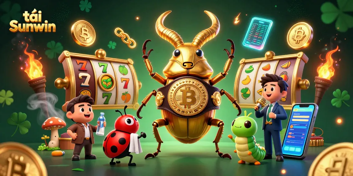 Spin the reels and tải Sunwin with a dynamic 3D illustration of casino characters and elements.