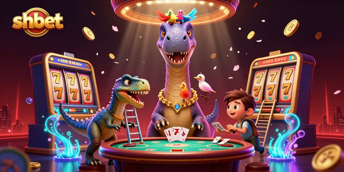 Experience thrilling shbet action with a giant brontosaurus overseeing an exciting poker game scene.