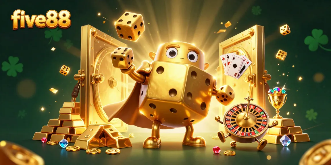 five88 casino dice golem juggling golden dice amidst treasure, showcasing luck and winnings