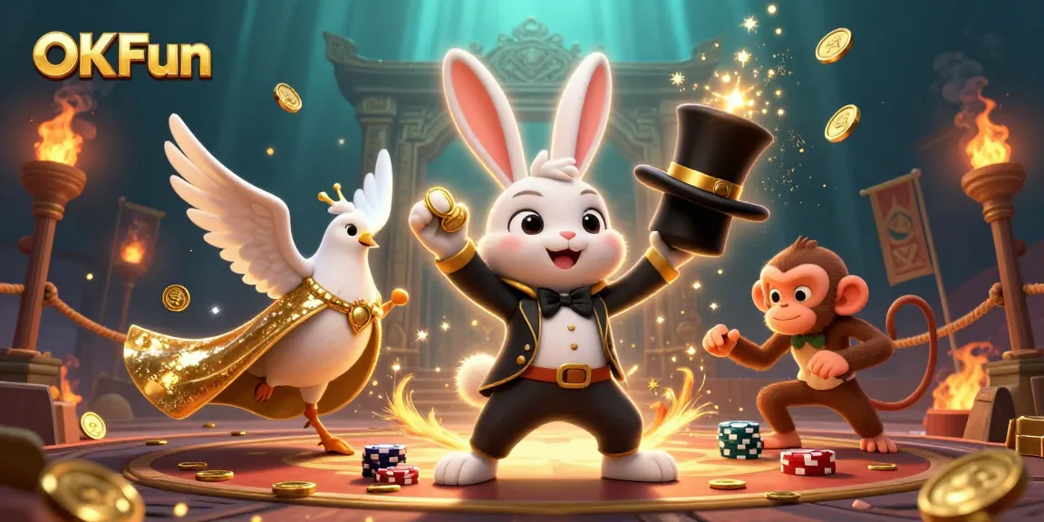 Experience OKFun with a 3D magician rabbit and friends engaged in a captivating casino scene.