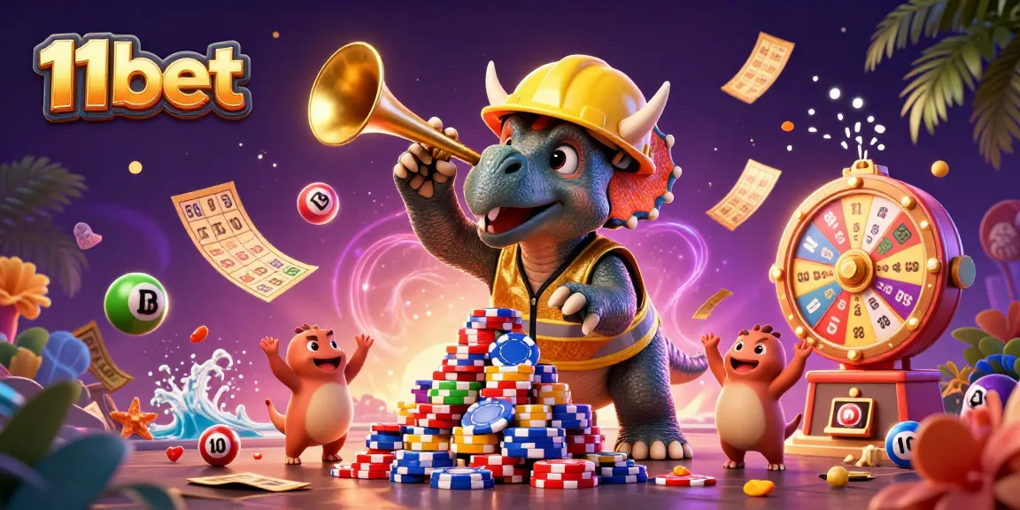 11bet triceratops building poker chip pyramid with lottery elements and vibrant celebration.